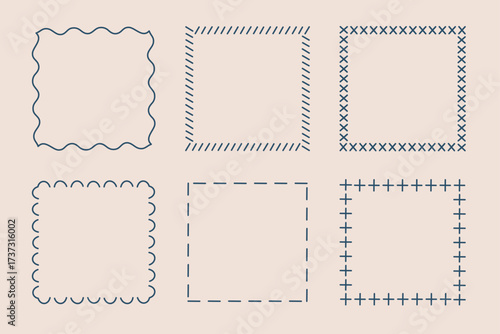 Square doodle frames, hand-drawn monograms. Edgings and cadres with simple sketchy design elements. Isolated. Vector illustration.
