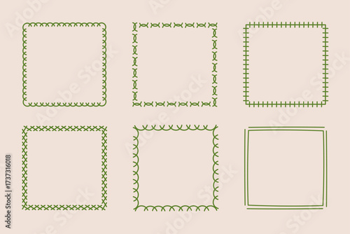 Square doodle stamp frames, hand-drawn wavy curly monograms. Edgings and cadres with simple sketchy scribble swirl design elements. Isolated. Vector illustration.