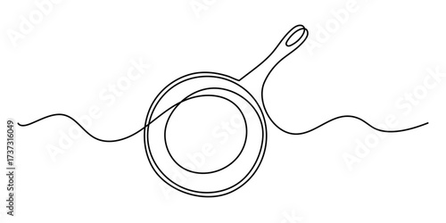 Frying pan one line art, hand-drawn kitchenware continuous drawing contour. Teflon non-stick cookware, cooking utensils food preparation home-cooked cuisine outline minimalist symbol. Editable stroke.