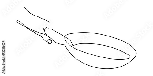 Hand holds frying pan one line art, hand-drawn kitchenware continuous drawing contour. Teflon non-stick cookware, chef's palm cooking utensils food preparation home-cooked cuisine. Editable stroke. 
