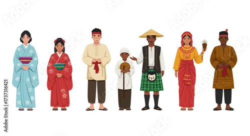 A diverse group of people in traditional attire from various cultures around the world, showcasing global heritage and unity