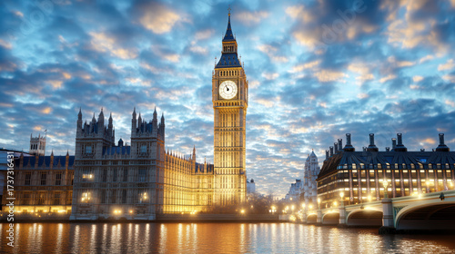 Big Ben clock tower illuminated against twilight sky, reflecting in river