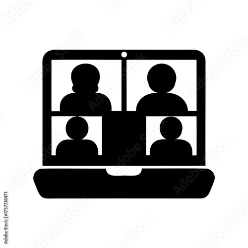 Black and white icon depicting a video conference on a laptop screen