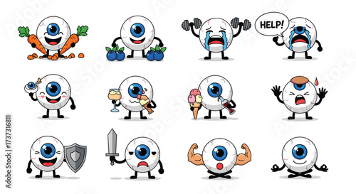 Funny eyeball characters with various emotions and activities