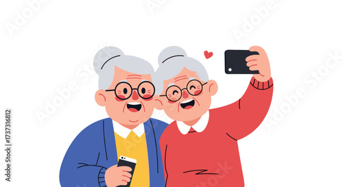 Two happy elderly women taking a selfie together for memories.