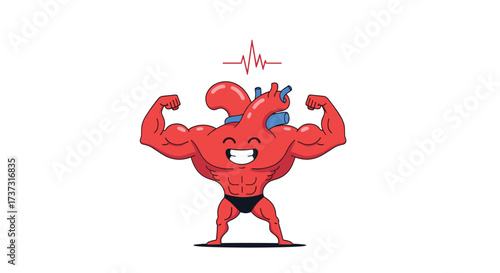 A strong healthy heart with muscles flexing celebrating good health and fitness.