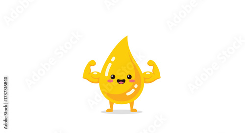 A strong and healthy oil droplet flexing its muscles with a happy expression.