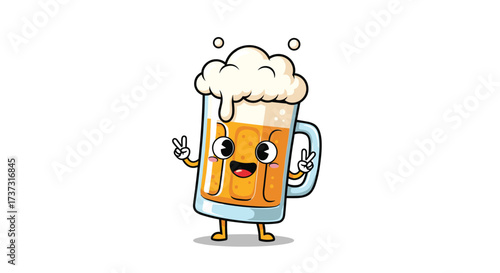 A happy cartoon beer mug with a frothy head and a smiling face gives a peace sign.