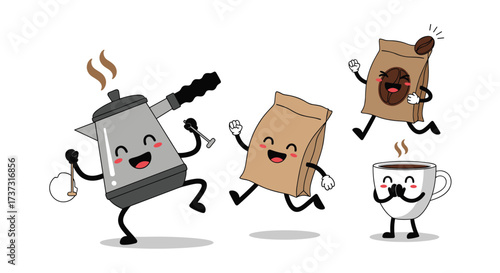 Happy coffee pot bags and cup characters dancing with joy on a white background.