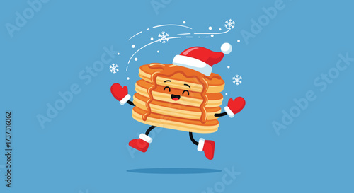 A happy stack of pancakes wearing a santa hat and mittens dances in the snow.