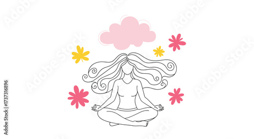A serene woman meditates peacefully surrounded by gentle floral elements and a soft pink cloud.