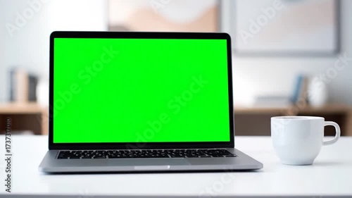 Wallpaper Mural Unbranded Laptop Greenscreen Close-Up Ceramic Cup On Clean White Desk Slow Zoom Torontodigital.ca