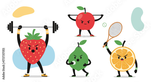 Fruits engaged in various sports and fitness activities