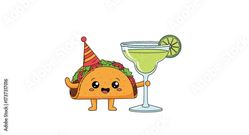 Cute taco celebrating with a margarita and party hat.