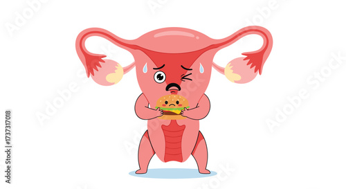 A uterus character is stressed about eating a burger and experiencing discomfort.