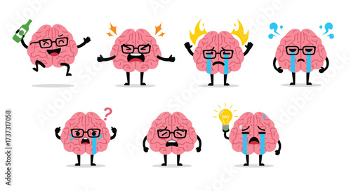 Cute brain characters displaying various emotions and activities. 
