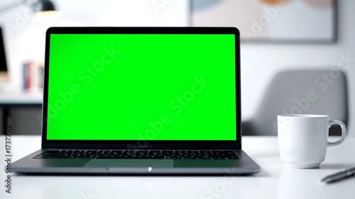 Wallpaper Mural Unbranded Laptop Greenscreen Mockup with Coffee Cup Slow Zoom Aesthetic on White Desk Torontodigital.ca