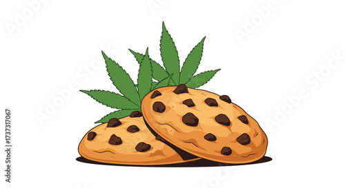 Delicious chocolate chip cookies with cannabis leaves in the background.
