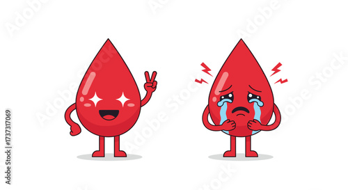 Happy and Sad Blood Drop Characters Showing Different Emotions and Expressions.