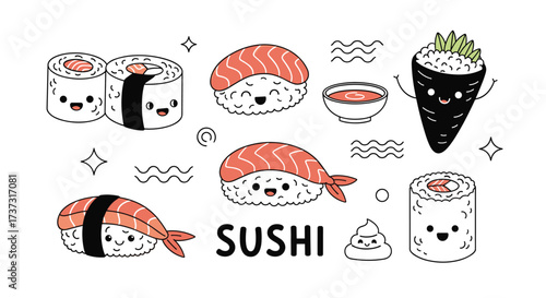 Cute kawaii sushi characters enjoying a healthy and delicious Japanese meal together.