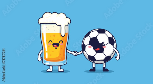 A happy beer and soccer ball shaking hands on a blue background.