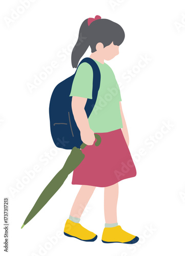 フラットイラスト　傘を持った女の子２　横向き全身