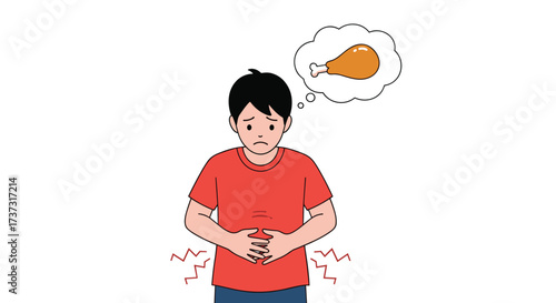 A young boy holds his stomach in pain while thinking about food.