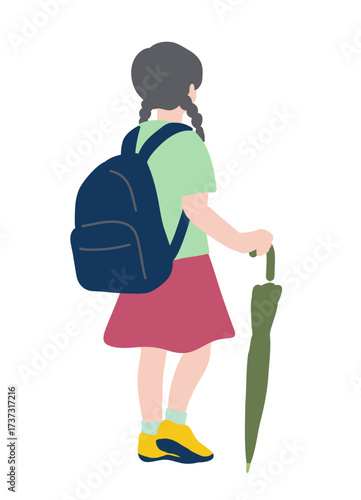 フラットイラスト　傘を持った女の子３　後ろ姿全身