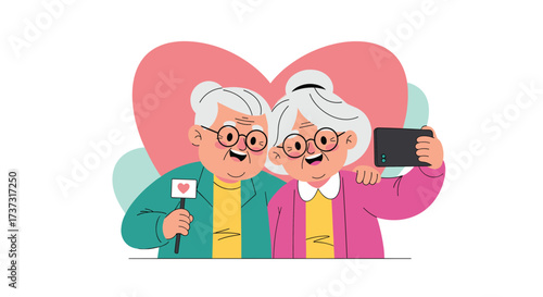 A lovely elderly couple taking a selfie with a heart in the background.