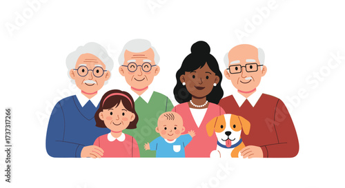 A multi-generational family and their beloved pet dog enjoy a happy moment together.
