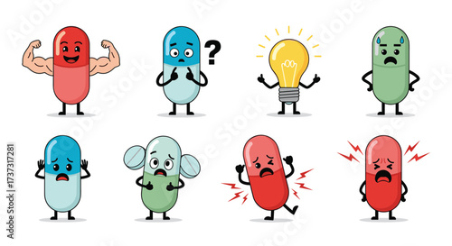 Animated cartoon characters of pills and capsules depicting various emotions and states.