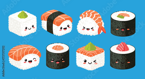 Cute cartoon sushi characters with happy faces on a blue background.