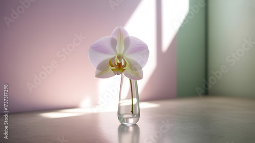 Wallpaper Mural Elegant orchid blossom in clear vase, minimalist design for soothing spa, wellness, or beauty brand visuals with delicate petal details and soft studio lighting Torontodigital.ca
