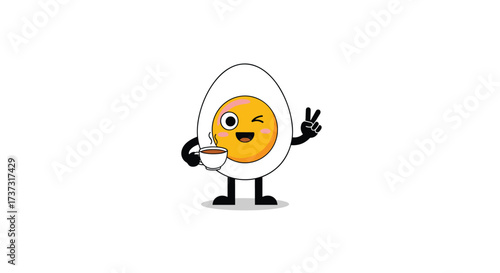 A cute hard boiled egg character holding a coffee cup and giving a peace sign.