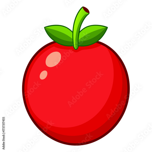 Vibrant cartoon tomato with lush green leaves, perfect for children's books, healthy eating campaigns, and fun educational resources, originally vector art