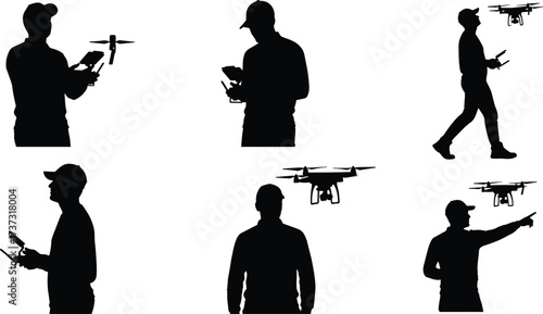 Drone operator silhouettes, remote control, aerial navigation, human interaction, piloting process, inspection activity, surveillance, outdoor usage, innovation, illustration