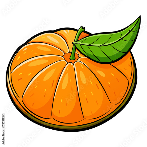Vibrant tangerine fruit slice with fresh green leaf, showcasing juicy citrus flavor and healthy eating, perfect for summer designs and cheerful food concepts