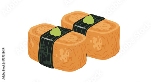 Two delicious pieces of sweet fried tofu sushi with a dollop of green wasabi paste on top.