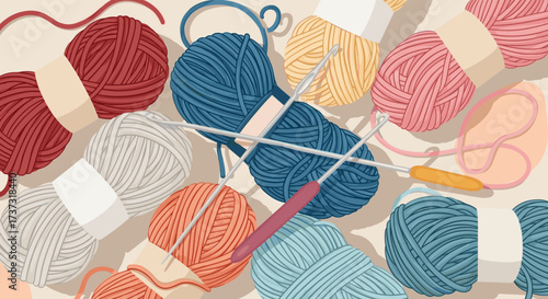 A cozy collection of colorful yarn balls and crochet hooks arranged artfully.
