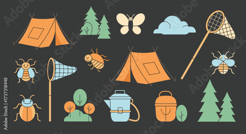 Summer camping and nature exploration with insects and tents.