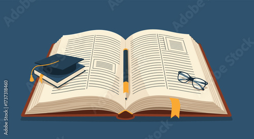 An open book with a graduation cap and glasses representing education and learning.