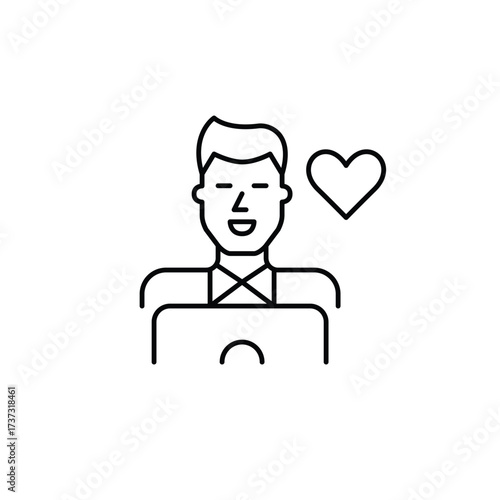 Man working at laptop and heart. Customer support online, trusted remote user care. Pixel perfect, editable stroke vector icon
