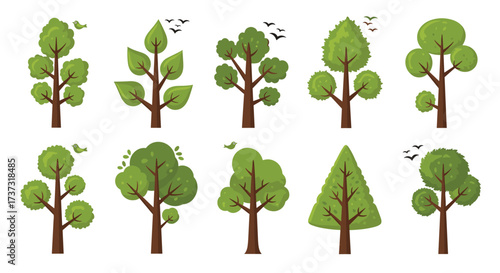 A vibrant collection of pixel art trees in various shapes and sizes.