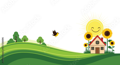 A charming little house nestled among rolling green hills under a bright and happy sun.