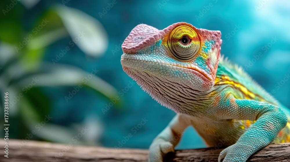 Fototapeta premium Vibrant chameleon with colorful skin pattern perched on branch, showcasing its unique features