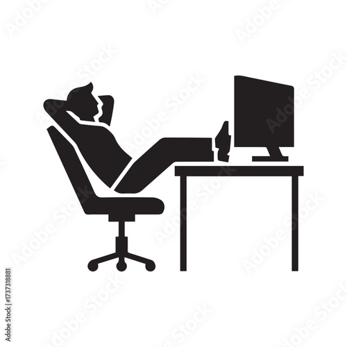 “Office worker relaxing at desk icon. Man with feet up on computer table, taking a break or procrastinating. Lazy employee pictogram.”
