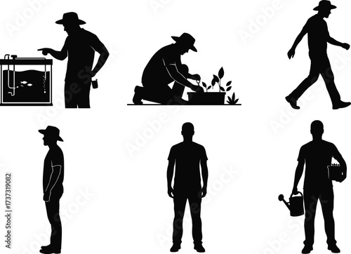 Gardening silhouettes, farming activity, planting crops, watering plants, harvesting produce, sustainable agriculture, nature care, food production, rural lifestyle, illustration