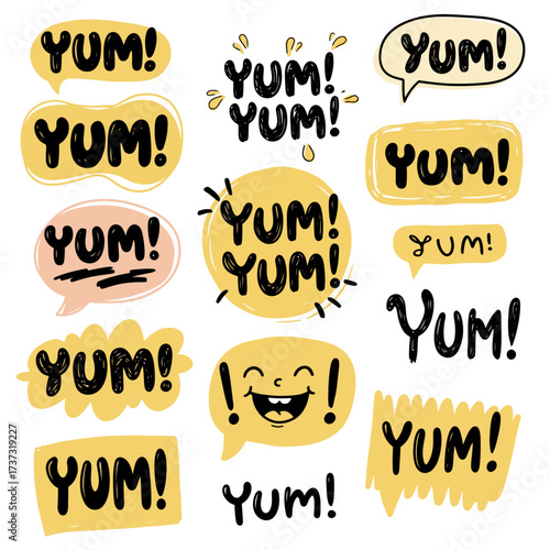 Yum Yum words set. Printable graphic tee. Design doodle for print. Vector illustration. Colorful. Cartoon hand drawn calligraphy style. Yellow Black and white