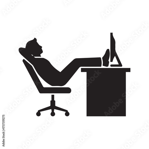 “Office worker relaxing at desk icon. Man with feet up on computer table, taking a break or procrastinating. Lazy employee pictogram.”
