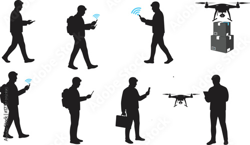 Drone logistics silhouettes, mobile technology, wireless communication, delivery system, modern transportation, package management, innovation, connectivity, smart devices, illustration